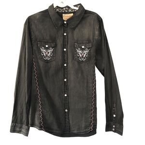 Cowgirl Legend Western Shirt Black Stonewash Embroidery Rhinestone XL